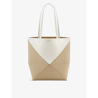 Loewe Puzzle Fold Medium Leather Tote Bag In White/pap Craft
