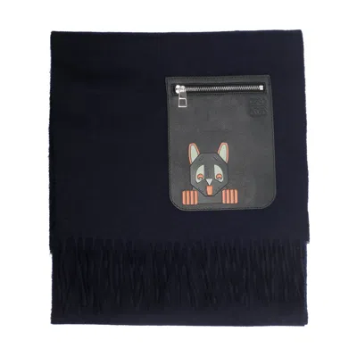 Loewe Women Wool And Cashmere Scarf With Anagram And Cat Embossed Pocket In Blue