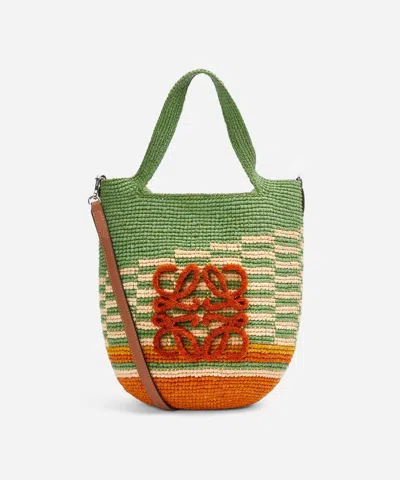 Loewe + Paula's Ibiza Slit Mini Leather-trimmed Striped Woven Raffia Tote In Green / Orange