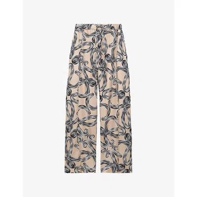 Loewe Womens Beige/black Anagram-print Wide-leg High-rise Silk Trousers Xs In Gray