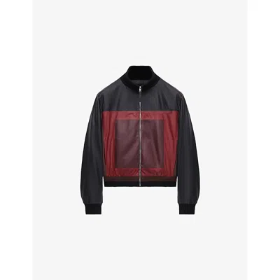 LOEWE WOMENS BLACK/BURGUNDY COLOUR-BLOCK CROPPED LEATHER JACKET