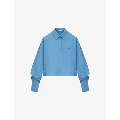 Loewe Womens Blue Logo-embroidered Cropped Cotton-blend Shirt