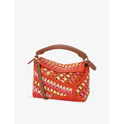 Loewe Womens Bright Orange/pink  X Paula's Ibiza Puzzle Edge Mini Crochet Raffia Cross-body Bag
