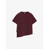Loewe Womens Burgundy Logo-embroidered Asymmetric-hem Cotton-blend T-shirt