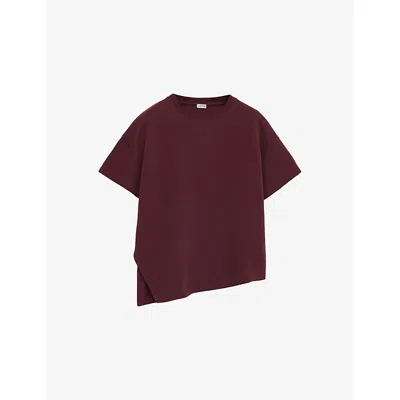 Loewe Womens Burgundy Logo-embroidered Asymmetric-hem Cotton-blend T-shirt
