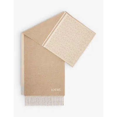 Loewe Womens  Anagram-embroidered Wool And Cashmere-blend Scarf In Camel/white