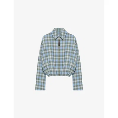 Loewe Womens Checked Draped Wool-blend Jacket Light Blue/white