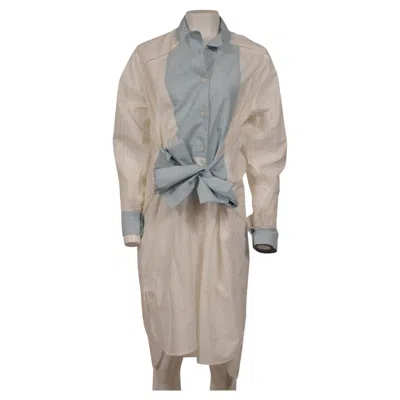 Pre-owned Loewe Womens Color Block Maxi Dress Size 34 White Blue Tie Front Collar Button