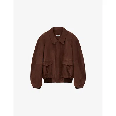 Loewe Womens Dark Brown Flap-pocket Collared Suede Bomber Jacket