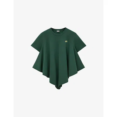 Loewe Womens Dark Green Cape-hem Logo-embroidered Cotton-blend T-shirt