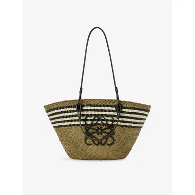 Loewe Womens Dark Khaki/black  X Paula's Ibiza Anagram Striped Medium Iraca Palm And Leather Basket B