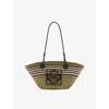 Loewe Anagram Stripes Small Basket In Iraca Palm And Calfskin In Dark Khaki/black