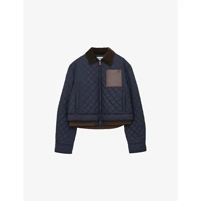 Loewe Womens  Contrast-collar Logo-patch Quilted Jacket In Blue