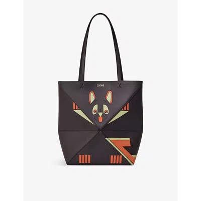 Loewe Womens  Puzzle Futurist Cat Medium Leather Tote Bag In Brown