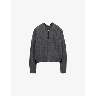 LOEWE WOMENS GREY KEYHOLE CABLE-KNIT WOOL JUMPER