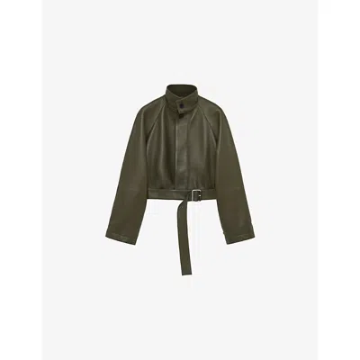 Loewe Womens Khaki Green Belted-hem Leather Jacket