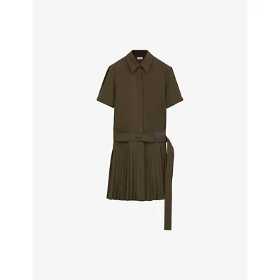 Loewe Womens Khaki Green Pleated Short-sleeve Cotton Blend Mini Dress
