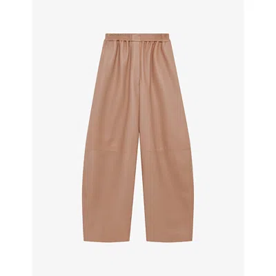 Loewe Womens Beige Anagram-embossed Barrel-leg Leather Trousers In Brown