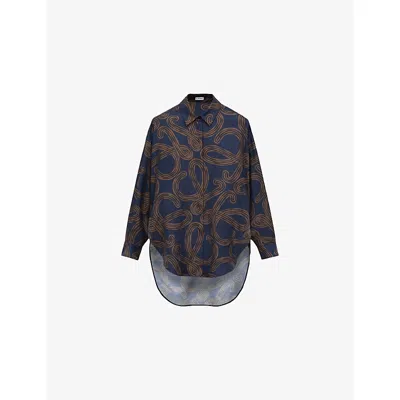 Loewe Womens Navy/brown Anagram-print Oversized-fit Silk Shirt