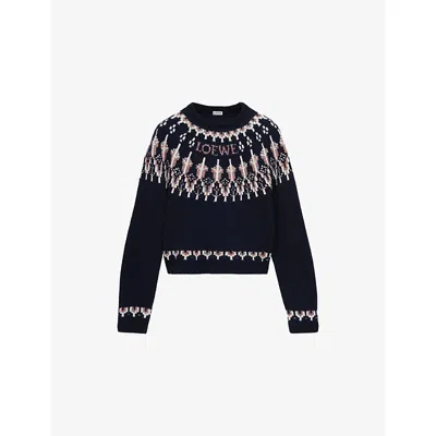 LOEWE WOMENS NAVY/MULTICOLOR BRANDED FAIRISLE-PATTERN WOOL-BLEND JUMPER
