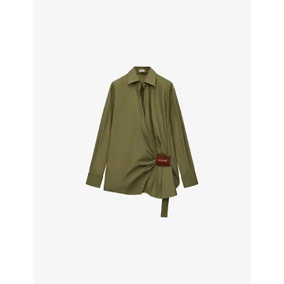 Loewe Womens Khaki Green Branded Leather-patch Cotton Shirt