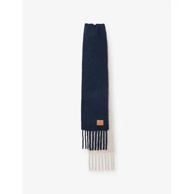 Loewe Womens Navy Blue/sandstone Colour-block Branded Wool-blend Scarf