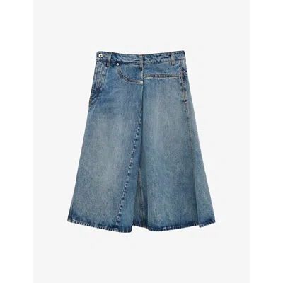 Loewe Womens Washed Denim Deconstructed Faded-wash Denim Midi Skirt