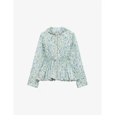 LOEWE WOMENS WHITE/BLUE FLORAL-PRINT SILK-WOVEN WINDBREAKER JACKET