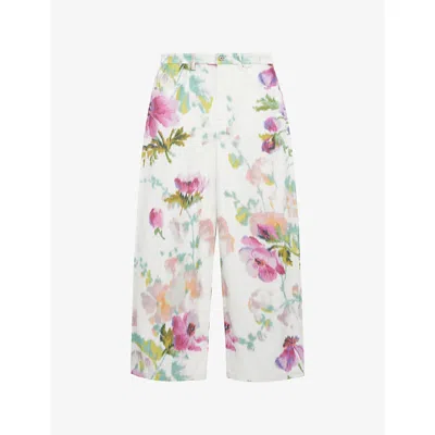 LOEWE WOMENS WHITE/PINK FLORAL-PRINT WIDE-LEG MID-RISE DENIM JEANS