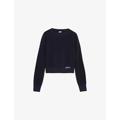 LOEWE WOMENS NAVY BLUE LOGO-EMBROIDERED LONG-SLEEVES WOOL KNITTED JUMPER