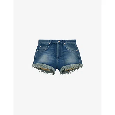 LOEWE WOMENS MEDIUM BLUE LOEWE X PAULA'S IBIZA ANAGRAM-EMBROIDERED MID-RISE DENIM SHORTS