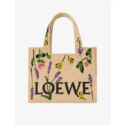 Loewe Font Flowers Small Raffia Tote Bag In Beige