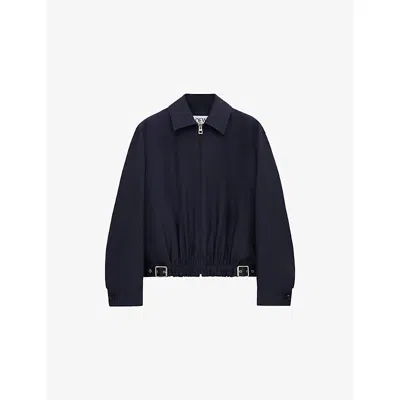 LOEWE WOMENS NAVY BLUE BELTED DRAPE WOOL-SILK BLEND JACKET