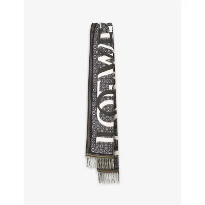 Loewe Womens Navy Blue Logo-intarsia Wool And Cashmere-blend Scarf In Brown