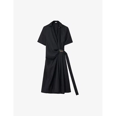 LOEWE WOMENS NAVY/GREY DRAPED SHORT-SLEEVE WOOL-BLEND MIDI SHIRT DRESS