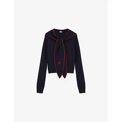 Loewe Womens  Brand-embroidered Scarf-detail Wool-blend Jumper In Blue
