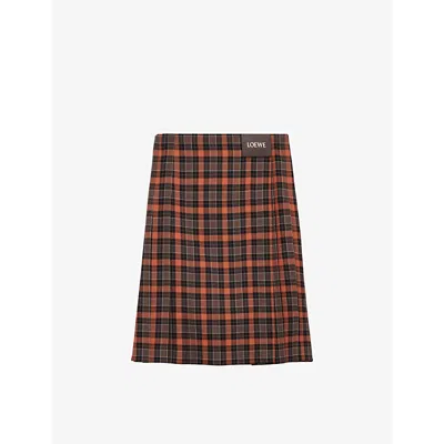 LOEWE WOMENS ORANGE/BLACK PLEATED CHECK WOOL-BLEND MIDI SKIRT