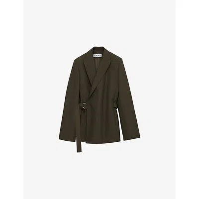 LOEWE WOMENS KHAKI GREEN PEAK-LAPEL DRAPED WOOL AND LEATHER BLEND JACKET