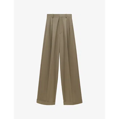 Loewe Womens Khaki Brown Pleated Wide-leg Mid-rise Cotton-blend Trousers