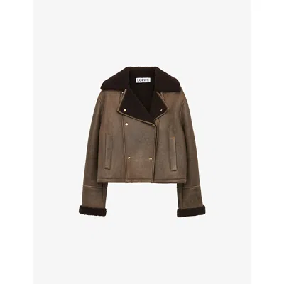 Loewe Womens  Shearling Boxy-fit Leather Jacket In Brown