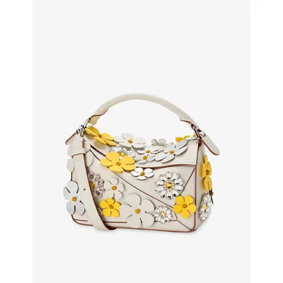 Loewe Womens Soft White  X Paula's Ibiza Puzzle Small Daisy-embellished Leather Top-handle Bag In Red