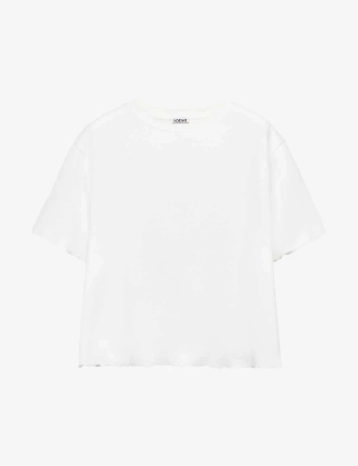 Loewe Womens White Anagram-embroidered Raw-hem Cotton-blend T-shirt