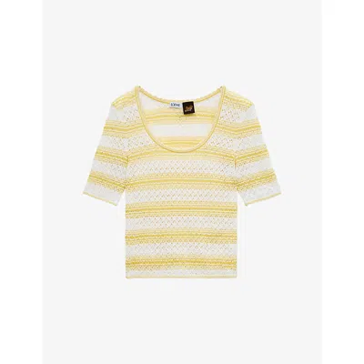 Loewe Womens White/yellow  X Paula's Ibiza Stripe-print Short-sleeve Knitted Cotton-blend Jumper In Multi