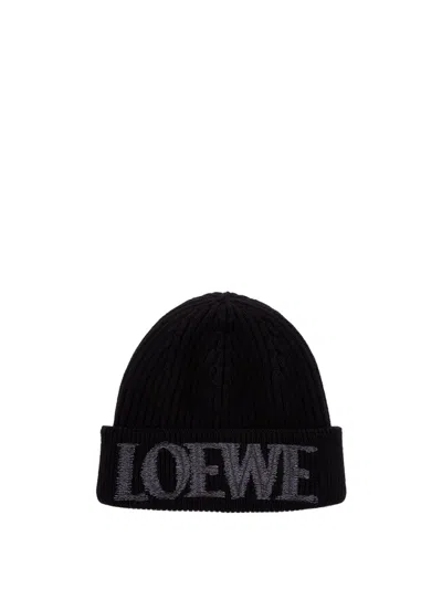 Loewe Wool Beanie With Ribbed Texture In Black
