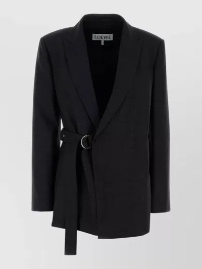 Loewe Wool Blazer Belted Waist Structured Shoulders In Black