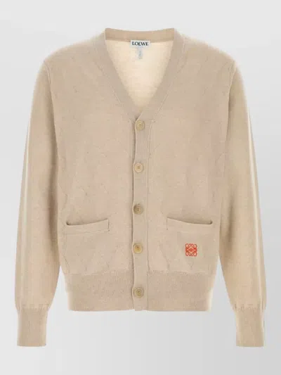 Loewe Wool Blend Cardigan Front Pockets Ribbed Cuffs Hem In Neutral