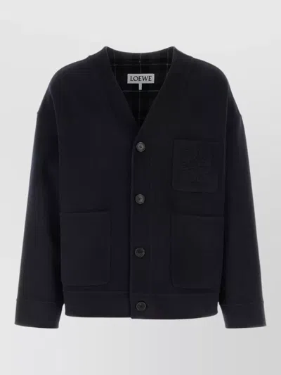 Loewe Wool Blend Cardigan Patch Pockets Ribbed Cuffs In Black