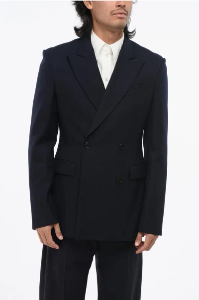 Loewe Wool Double Breasted Blazer With Flap Pockets In Blue