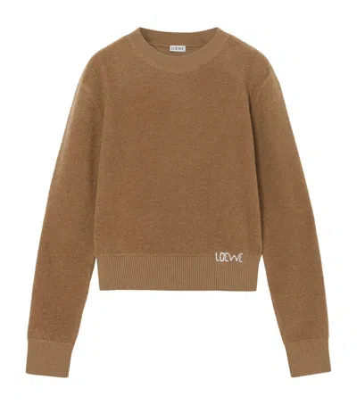 Loewe Logo-embroidered Cropped Wool-terry Sweater In Brown