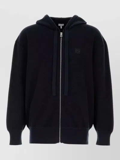Loewe Wool Hooded Zip Cardigan Drawstring Ribbed Cuffs In Blue